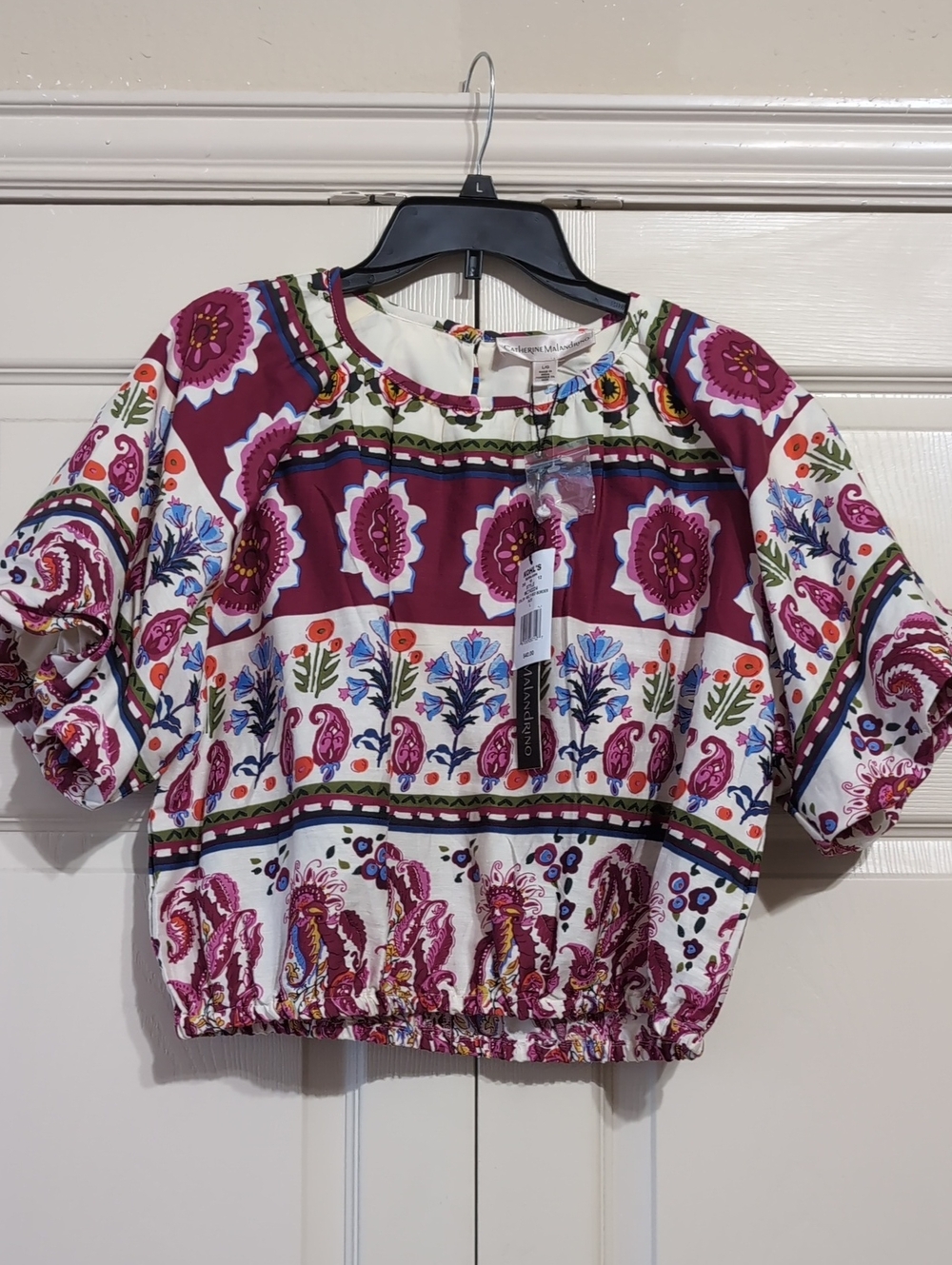 Catherine Malandrino White Blouse with Magenta, Green & Blue Print